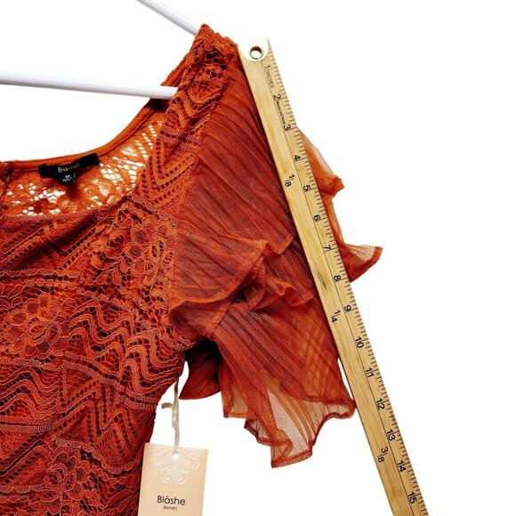Rust Orange Lace & Sheer Ruffle Sleeve Crop Top By Blåshe Size M - Picture 8 of 10